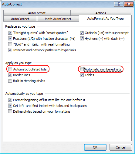 Word 2010 Auto number and bullet options