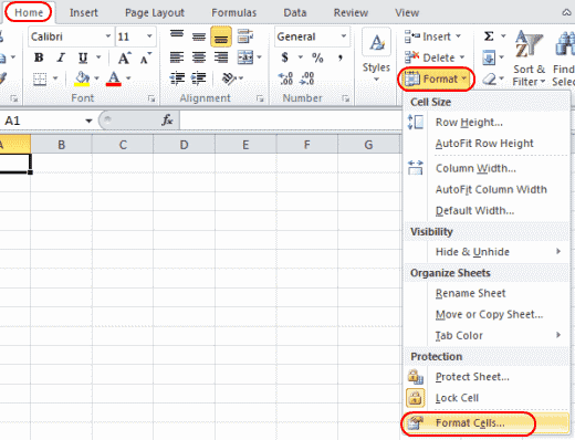 Excel Format Cells option