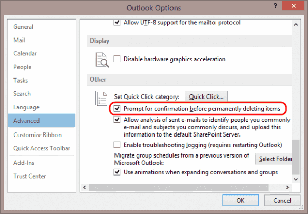 Outlook Delete Prompt setting