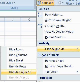 how to unhide a column in excel 2010