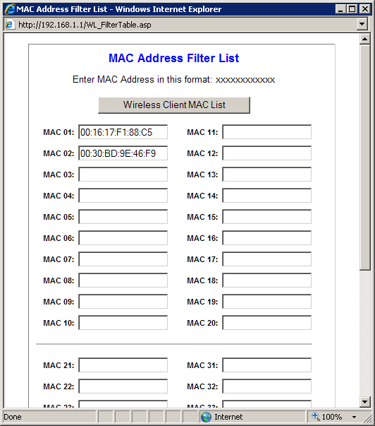 MAC address Filter List