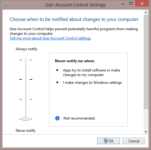 User Account Control Settings window in Windows 8