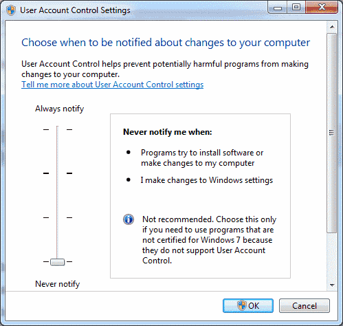 Win7 User Account Control settings