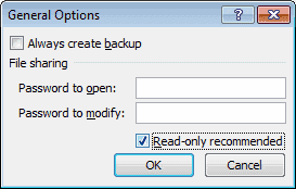 Excel read only recommended setting