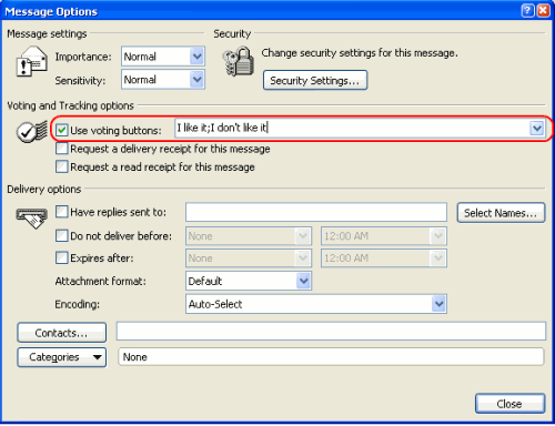 Outlook Message Options dialog