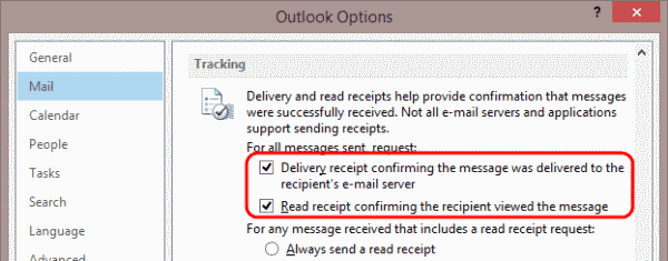 Outlook request receipt options