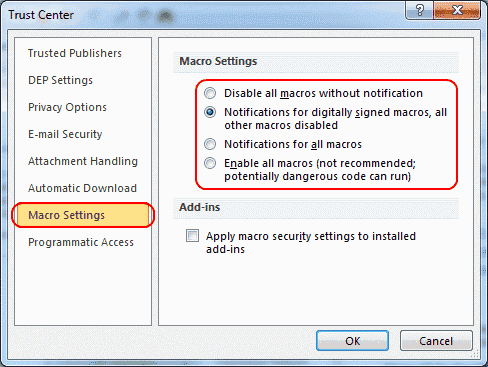 Outlook 2010 Macro settings