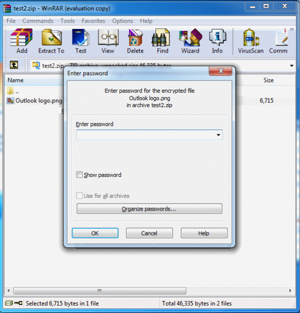WinRAR password prompt screen