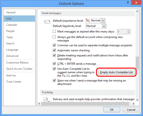 Outlook 2013 Empty Autocomplete button