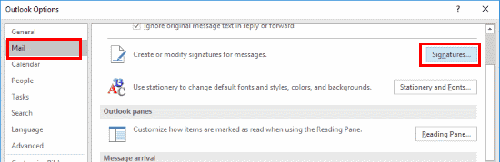 Outlook 2016 Signatures button