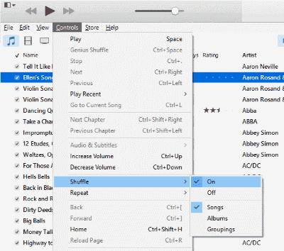 iTunes Shuffle Repeate меню