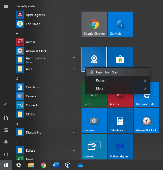 windows 10 remove live tiles